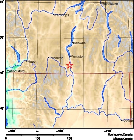 The location of an earthquake that hit the South Okanagan at around 2:07 p.m. Monday Dec. 4, 2023.
