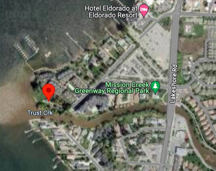 The red arrow shows the Truswell property, next to what is actually Mission Creek.