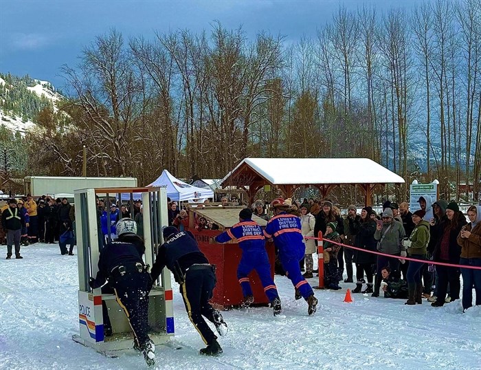 The Lumby fire department beat the local RCMP team at a Lumby Outhouse Races. 