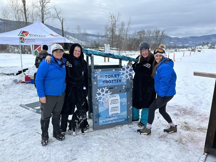 A team with Vernon Winter Carnival competed for the first time in Lumby Outhouse Races, pictured here with their outhouse. Left to right: Theo Seal, Kris Fuller, Tina Kealey and Renee Wohl.