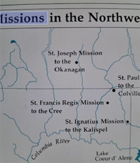 This is a section of the map that Craig Jones says was created in 1993 in the book Sacred Encounters, showing St. Joseph's Mission closer to the Arrow Lakes.