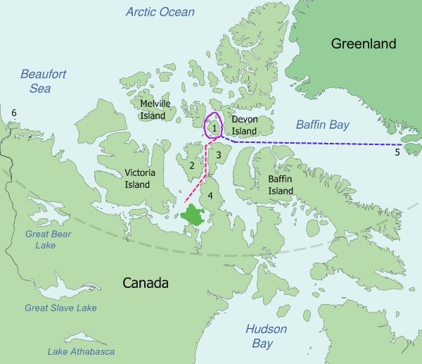 Map of the probable routes taken by HMS Erebus and HMS Terror during Franklin's lost expedition.