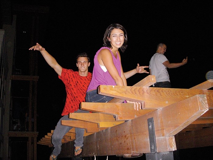 Partygoers on top of the wooden structure in Lower Cascades student residences on the UBC Okanagan campus in Kelowna.
