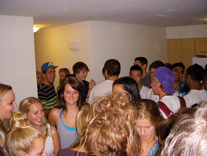 A Cascades quad room at the students residence on campus at UBC Okanagan in Kelowna filled to bursting with students.