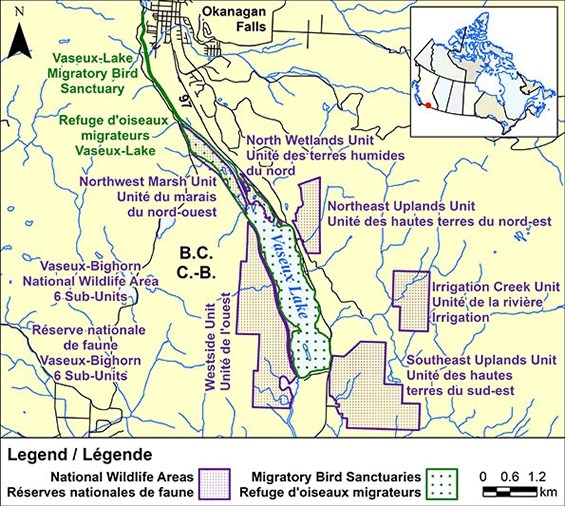 Map of the approximate Vaseux-Bighorn National Wildlife Boundaries.