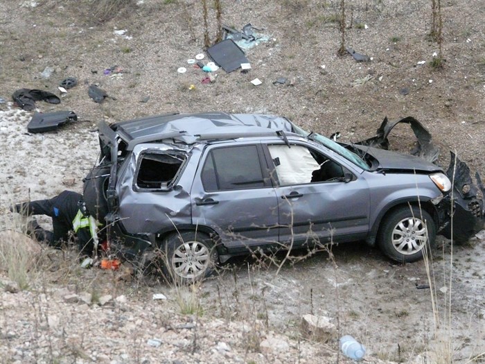 The driver of the Honda CRV lost control and ended up at the bottom of a steep embankment after being rear ended on Highway 97 in Lake Country on Monday, Dec. 15, 2014.