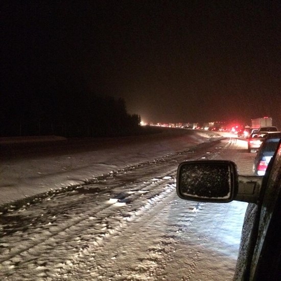 Slippery conditions led to lineups Sunday evening on the Coquihalla Highway.