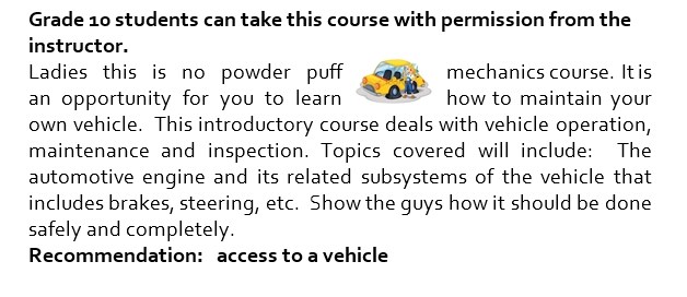 Course description for Girl's Car Care course.