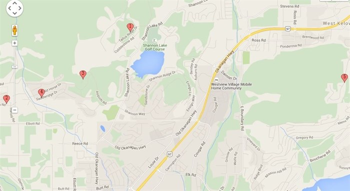 A map of showing where in West Kelowna the five mailboxes were broken into.