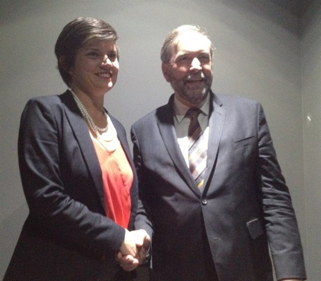 Kelowna-Lake Country NDP candidate Norah Bowman is pictured with party leader Tom Mulcair in this contributed photo.