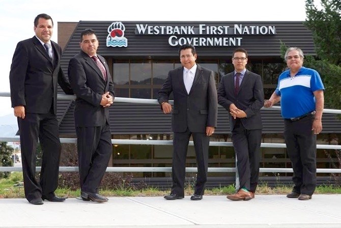 (LtoR) Westbank First Nation councillors Mic Werstiuk, Mike De Guevara, Chief Robert Louie, Chris Derrickson and Brian Eli.