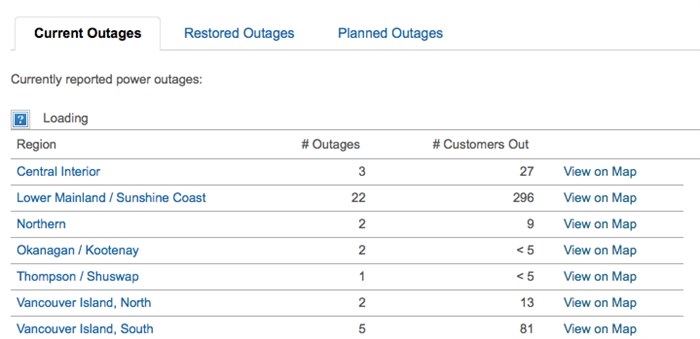 Outage information at a glance on B.C. Hydro's website.