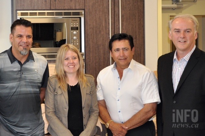 (LtoR) Westbank First Nation Coun. Mic Werstiuk, western diversification minister Michelle Rempel, WFN Chief Robert Louie and FPInnovations vice-president Pierre Lapointe.