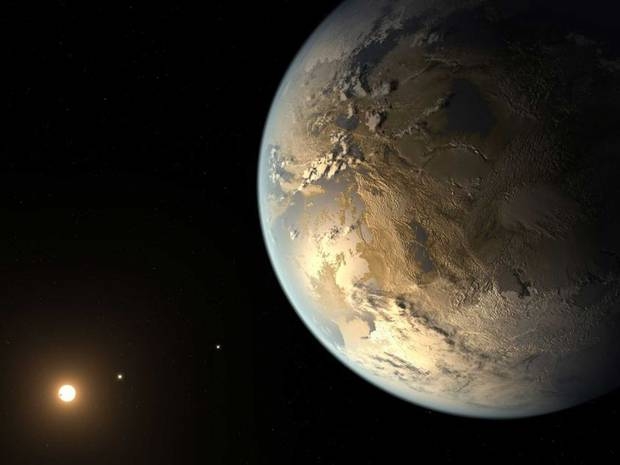 An artist's concept of Kepler-452b in orbit around its star Kepler-452.