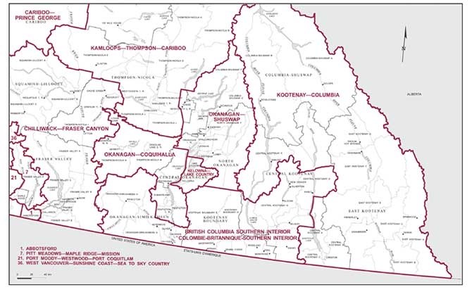 This map shows the  federal electoral boundaries in the region prior to boundary redistribution.