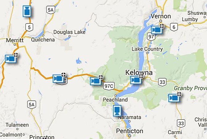 The locations of Drive B.C. webcams in the Okanagan and Nicola.
