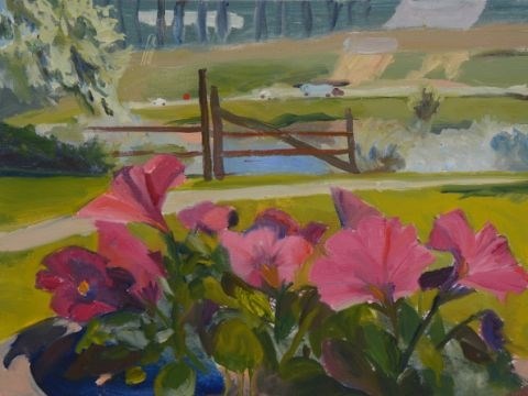 Fushia Petunias by Jayne Holsinger is part of the Plein Air exhibit at the Chazou Gallery.