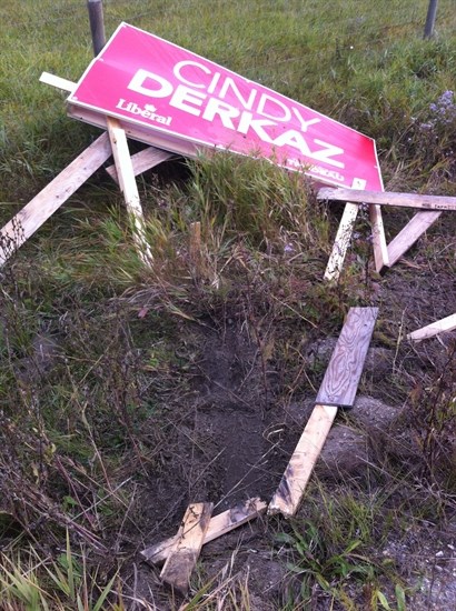 One of the Liberal signs damaged in the North Okanagan-Shuswap. 