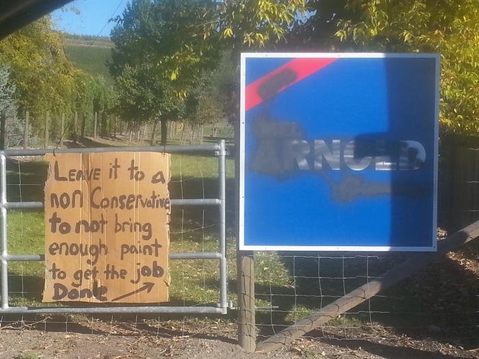 The Conservative sign displayed in Vernon resident Chris Van der Molen's yard was vandalized sometime overnight on Saturday, Oct. 3. His response wasn't to take it down, but to put up his own message. 