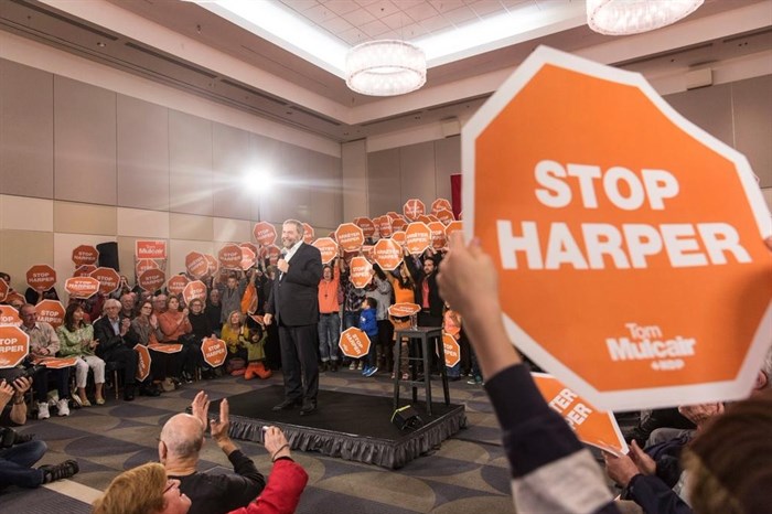 New Democrat leader Tom Mulcair is pictured at a rally on Vancouver Island, Monday, Oct. 12, 2015 in this contributed photo.
