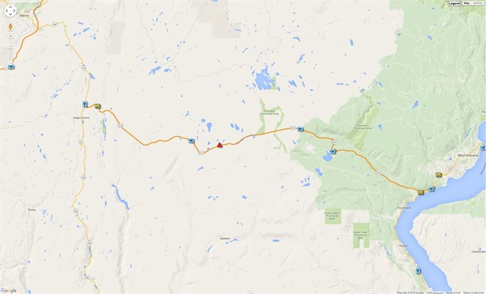 Approximate location of car crash and road closure on Highway 97C.