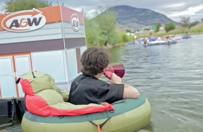 Floaters on the Okanagan river channel in Penticton were treated to a free burger at the temporary A&W 'float-thru'.
