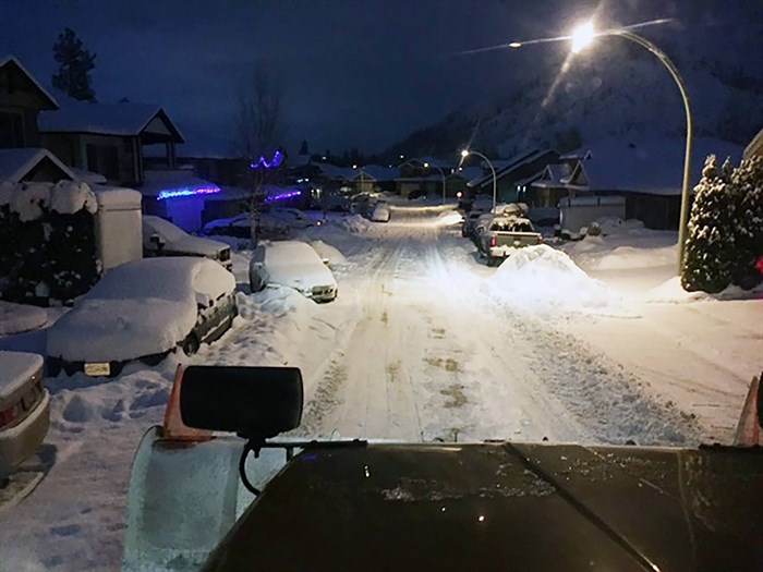 View from a snowplow cab on a West Kelowna street.