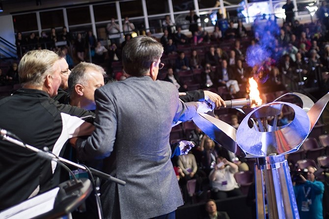 Lighting of the flame at the B.C. Winter Games opening ceremony in Penticton on Thursday, Feb. 25.