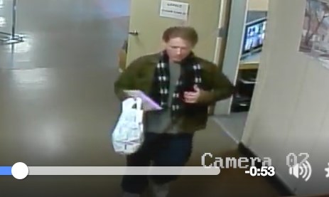 Screenshot of the suspect who stole an envelope of cash from the Shatford Centre in Penticton Monday, Feb. 29.
