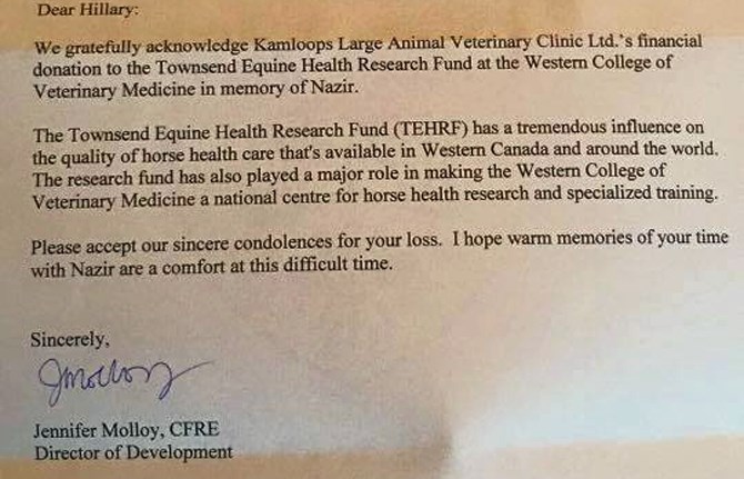 The letter Hillary Schneider received after a donation was made in memory of her horse, Nazir.