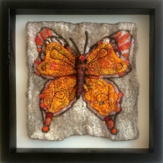 Amy Burkard, Felt Butterfly, 2016, wool, alpaca, llama, silk with shadow box, 10 x 10 inches