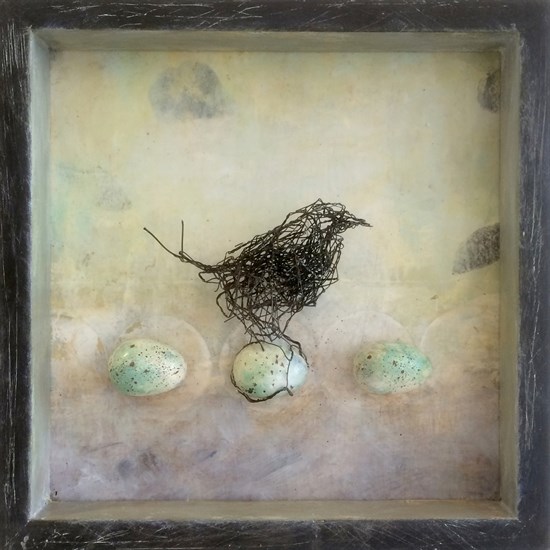 Susan McCarrell Clarity, 2016, acrylic, wire & mixed media with shadow box, 10 x 10 inches