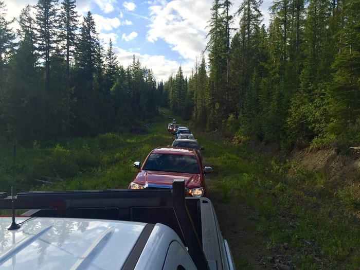 Vehicles travelling down the Deafies Creek Forest Service Road. 