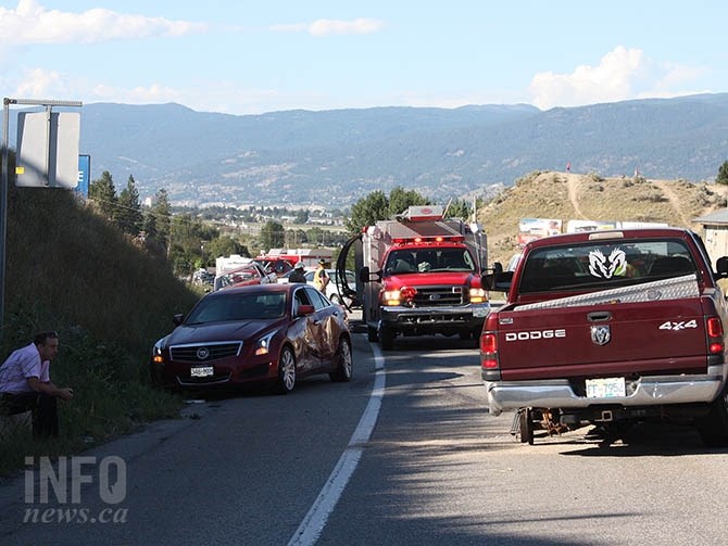 A sedan, two pickup trucks and a coupe were involved in a collision just south of Okanagan Amusements around 5 p.m. today, July 27, 2016.