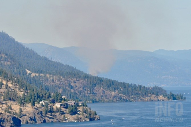 Smoke from a wildfire burning north of Lake Okanagan Resort on the west side of Okanagan Lake can be seen from Knox Mountain in Kelowna.