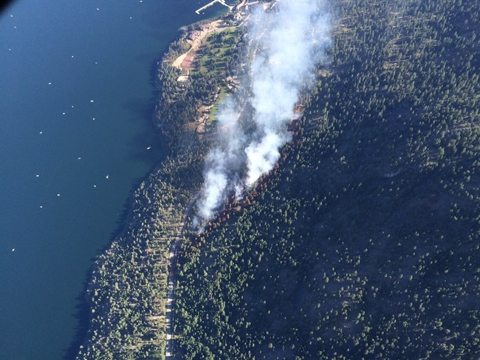 The Cinnabar Creek wildfire north of West Kelowna on the west side of Okanagan Lake can be seen in this aerial photo contributed by the B.C. Wildfire Service, Wednesday, Aug. 17, 2016.