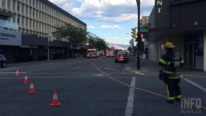 Fire crews blocked off a busy downtown Kamloops street during the afternoon rush hour, Wednesday, Aug. 24, 2016 after reports of smoke coming from an elevator shaft at Hotel 540.