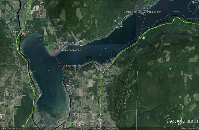 The area of Shuswap Lake closed is southwest of the line between Engineer's Point and Sunnybrae point.