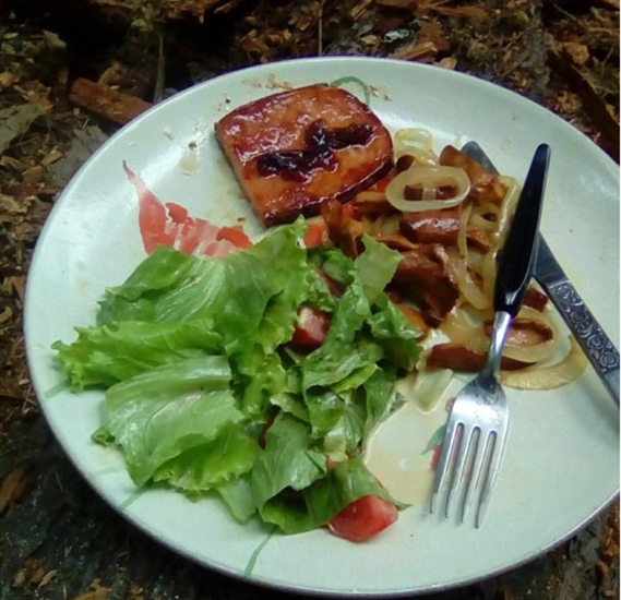 A meal cooked in the bush at a mushroom picking camp near Nakusp. Local veggies and mushrooms were picked around camp just before dinner.
