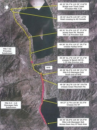 Map showing former CP rail right of way. Marked in red is the section  which was recently transferred back to the Penticton Indian Band.