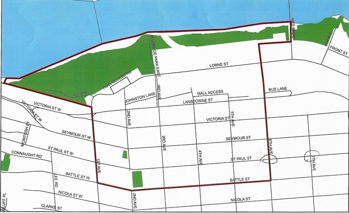 The South Shore red zone includes the area within Battle Street to the south, First Avenue to the west, Sixth Avenue to the east and the Thompson River to the north including the entirety of Riverside and Pioneer parks.