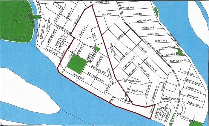 The North Shore red zone applies to the areas within Don Street to the east, Tranquille Road to the north, Poplar and Thrupp Streets to the west and the Thompson River to the south.