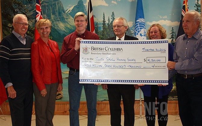 Left to right: RDOS Director Tom Siddon, MLA Linda Larson, Robert McLeod, of the South Skaha Housing Society, Legion President Wayne Knight, and  Housing Society members Sharon Proctor and Michael Creasy at a funding announcement for an affordable senior's housing project announced for Okanagan Falls today, Nov. 16, 2016. 