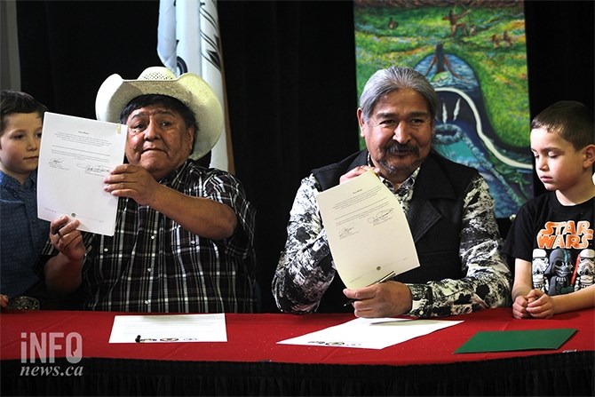 Acting Chief Terry Deneault (left) and Chief Fred Seymour (right) answered questions following today's press conference announcing the local First Nations' opposition to the proposed Ajax Mine.