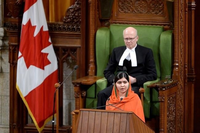 Pakistani activist and Nobel Peace Prize winner Malala Yousafzai addresses the House of Commons on Parliament Hill in Ottawa on Wednesday, April 12, 2017. 