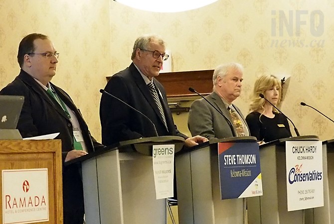 Incumbent and B.C. Liberal candidate Steve Thompson was joined by Shelley Cooke of the B.C. NDP, Charles Hardy representing the B.C. Conservative Party and Rainer Wilkins for the B.C. Green Party at the Chamber of Commerce candidates forum, Wednesday, April 26, 2017.