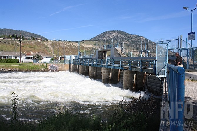 Discharge at Okanagan Lake dam at the mouth of the Okanagan river channel on Monday, May 29. Downstream in Osoyoos, Mayor Sue McKortoff says the town is working proactively to prevent flooding in Osoyoos, with water levels remaining relatively stable.