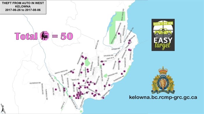 A West Kelowna RCMP Crime Map shows a total of 50 theft from auto reports to police during the period of June 26, 2017 to Aug. 6, 2017.