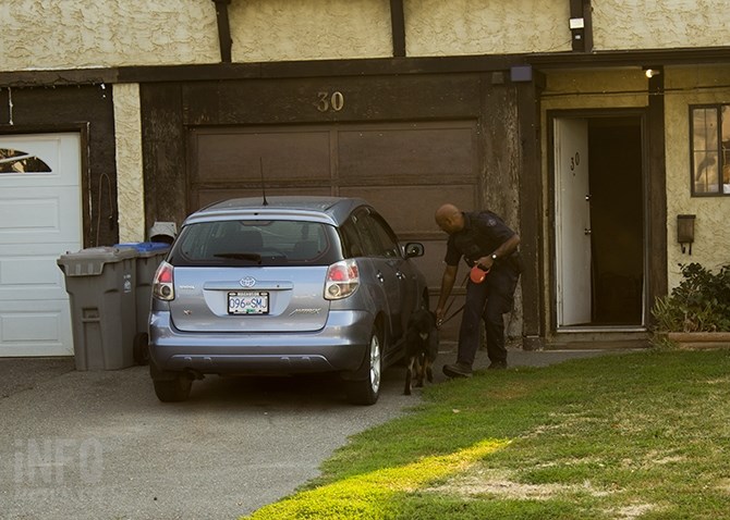 A police dog and its handler search for explosives outside a home on Cambridge Crescent in Kamloops where a potential incendiary device was found, Tuesday, Aug. 29, 2017.