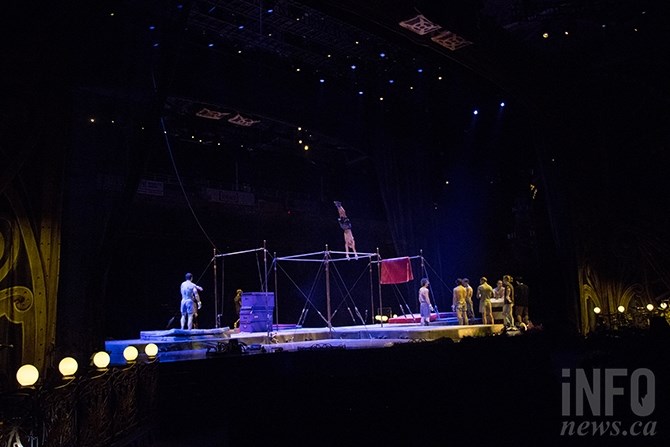 Unlike most Cirque du Soleil shows set in an arena stage, Corteo uses traverse staging, meaning there is audience seating on two opposing sides of the stage. The staging is not the only way Corteo deviates from other Cirque du Soleil shows. Mauro Mozzani, who plays the main character also named Mauro, does quite a bit of talking on stage, switching between multiple languages such as English, French, and Italian.